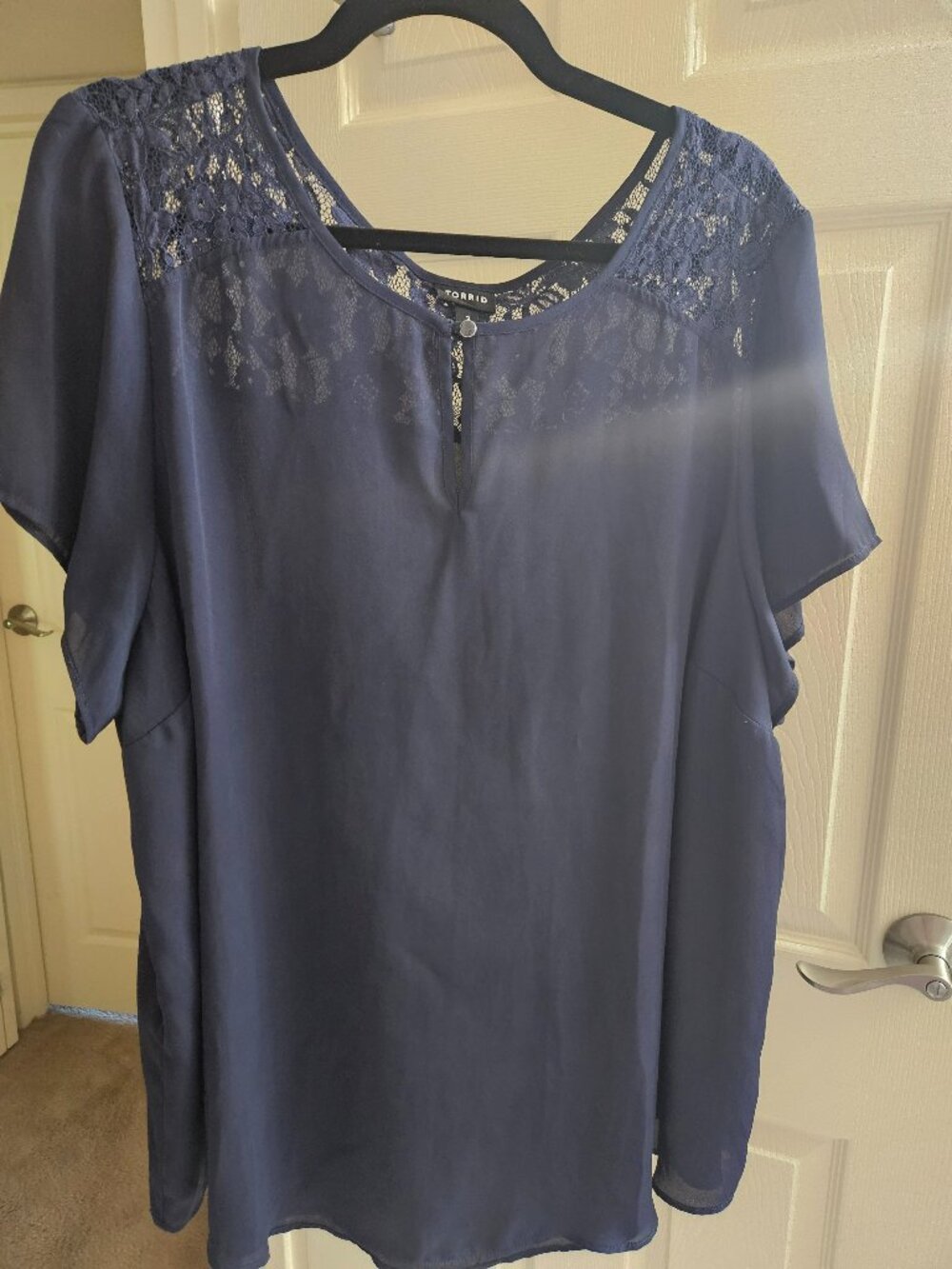 3x Torrid Navy Georgette Blouse with Lace Back and Peephole Front